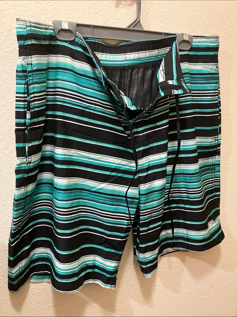 Speedo Teal Black White Striped Swim Board Shorts